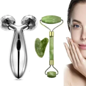 Combo Of 3D Manual Roller with Jade Roller + Gua Sha Facial Tools Massagers