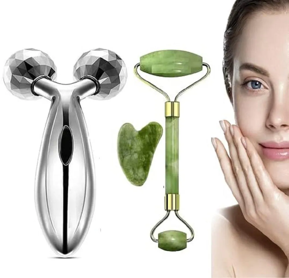 Combo Of 3D Manual Roller with Jade Roller + Gua Sha Facial Tools Massagers